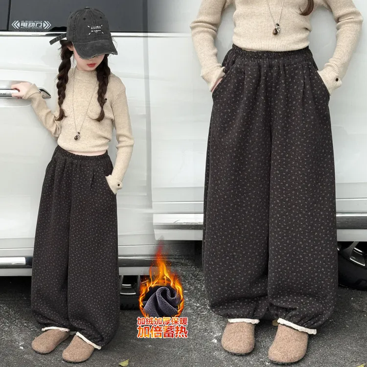 女童碎花加绒裤秋冬2025新款儿童花边裤子韩版女孩休闲束脚裤洋气