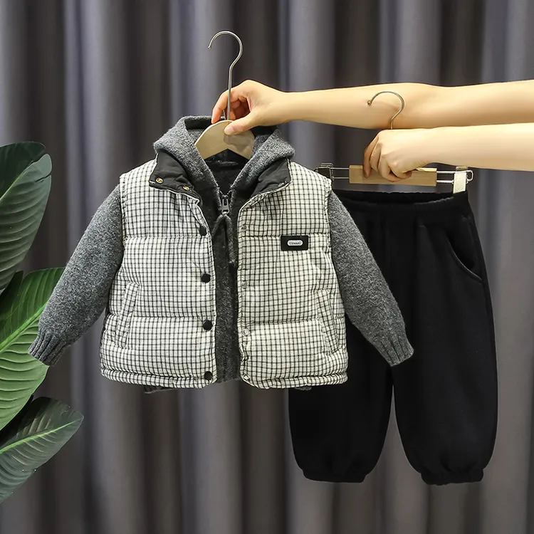 男童套装秋冬款帅气儿童韩版休闲格子马甲三件套宝宝加绒洋气冬装