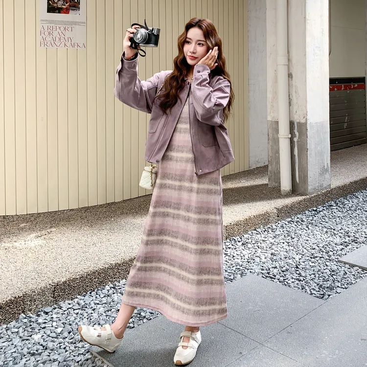 香芋紫休闲夹克套装裙女2025年春秋撞色条纹针织背心连衣裙两件套