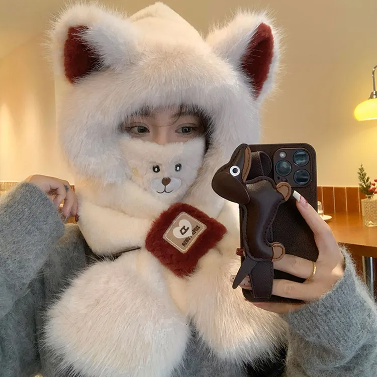 冬天帽子围巾一体女冬季加厚保暖护耳帽防寒显脸小防风可爱狐狸帽