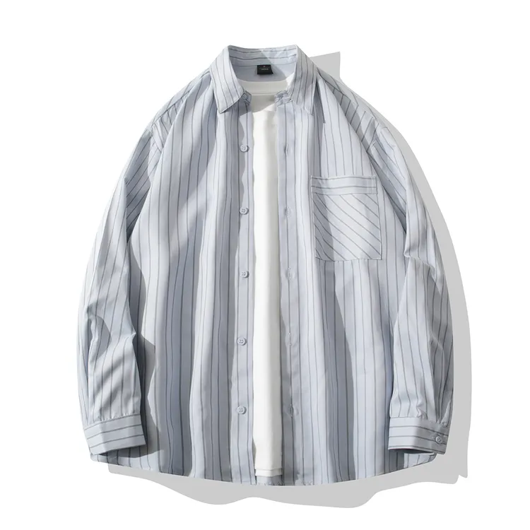 春秋竖条纹日系小清新长袖衬衫男女同款复古时尚情侣外穿衬衣外套