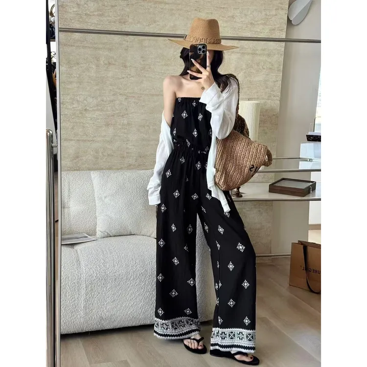 SP【巴黎岛阳光】南岛花瓷连体裤冰凉皱感民族度假风休闲裹胸连体裤