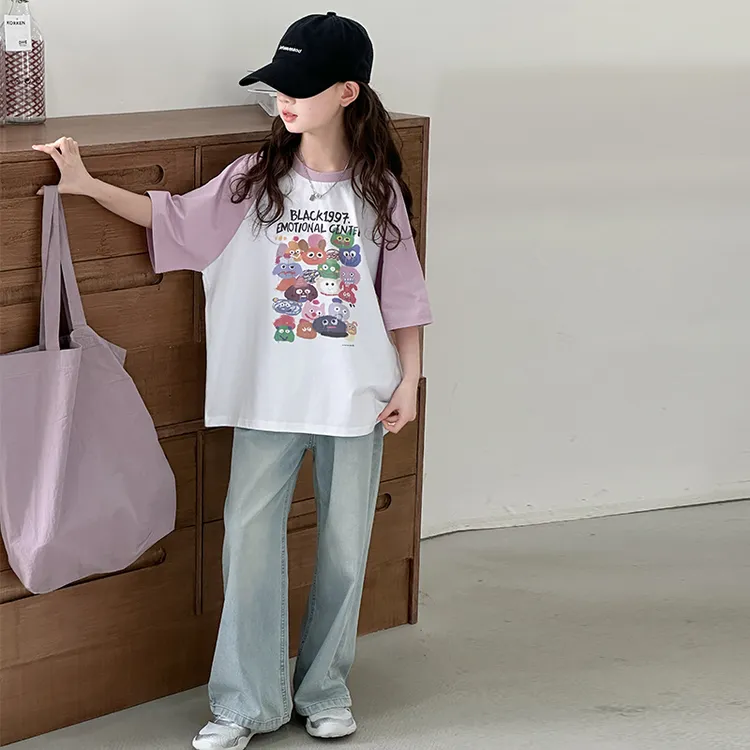 女童短袖t恤套装洋气夏季中大童8-15岁潮款儿童牛仔裤两件套韩版