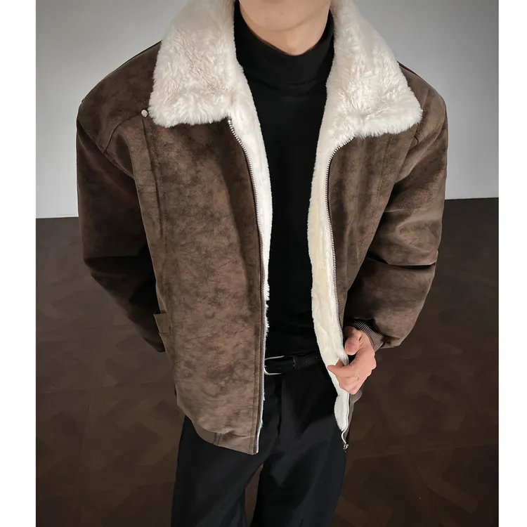 美拉德雾面pu皮羊羔绒外套男款冬季巴恩风座山雕棉服加绒加厚棉衣