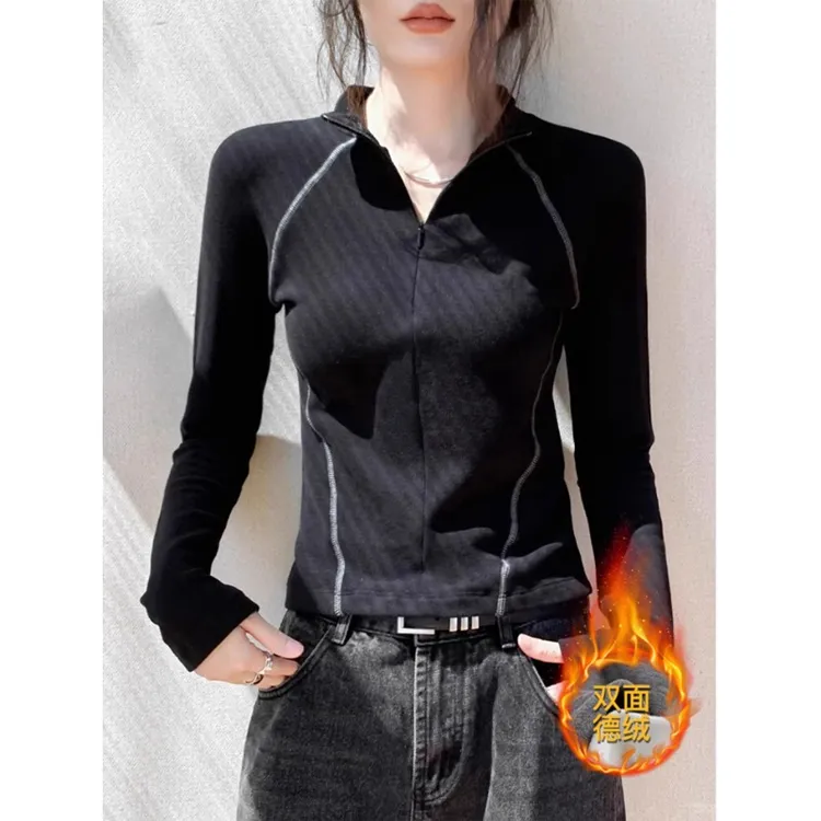 芯娇晴双面德绒黑色内搭打底衫女冬穿搭卫衣加绒内搭修身显瘦上衣