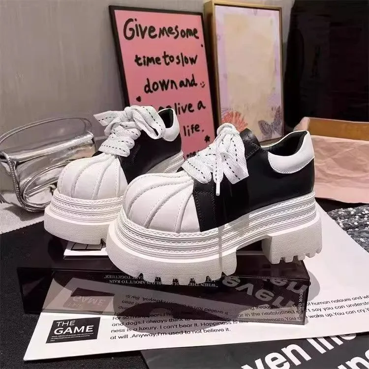 10cm超高跟厚底拼色系带乐福鞋女小个子增高松糕鞋百搭单鞋潮新款