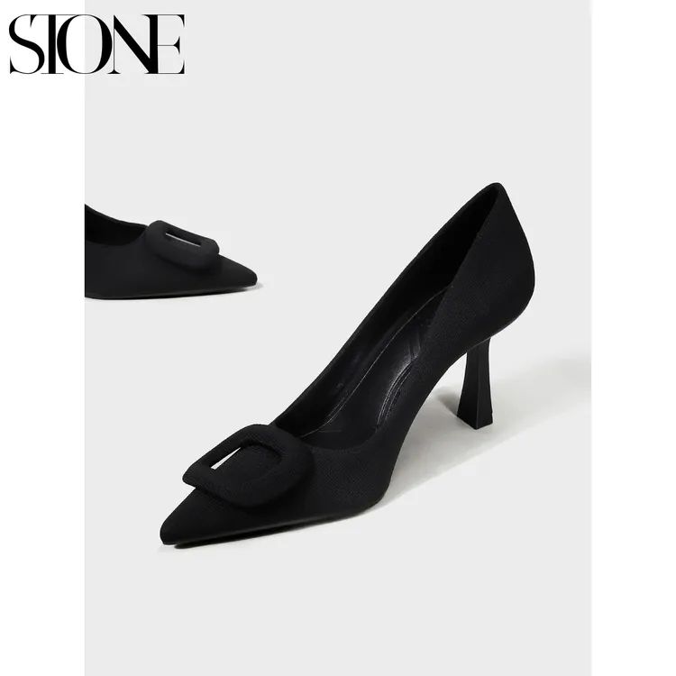 石头家法式尖头细跟高跟鞋女2025新款方扣浅口单鞋黑色通勤工作鞋