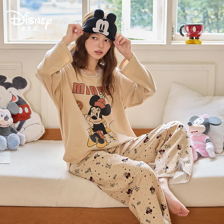 Disney迪士尼秋冬女羊绒蚕丝长袖长裤青年圆领卡通韩版家居服0210