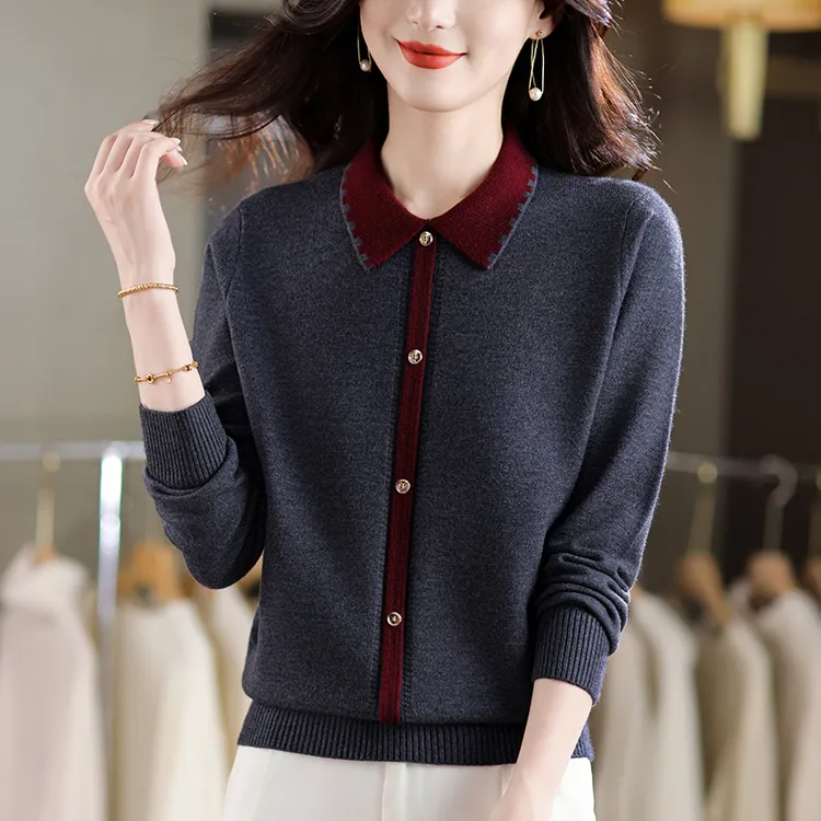 秋装2025新款大码长袖针织上衣女宽松显瘦百搭秋冬翻领毛衣打底衫