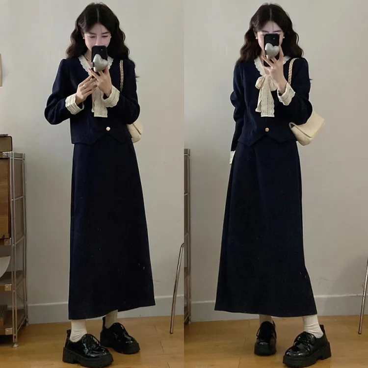 大码胖mm女装冬季新款小香风蝴蝶结设计收腰外套+半身裙套装女