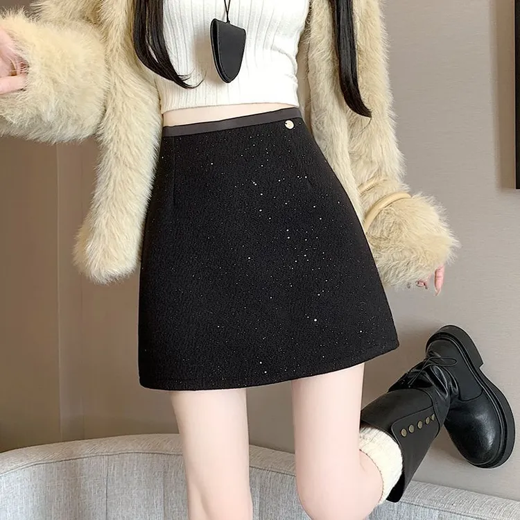 闪闪亮片高级毛呢灰色小香风半身裙女秋冬高腰显瘦包臀裙a字短裙
