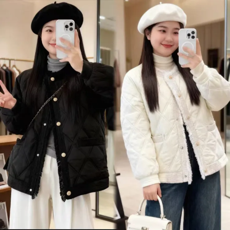 大码短款宽松保暖小香风棉衣棉服胖MM大码绗缝棉服女女装953