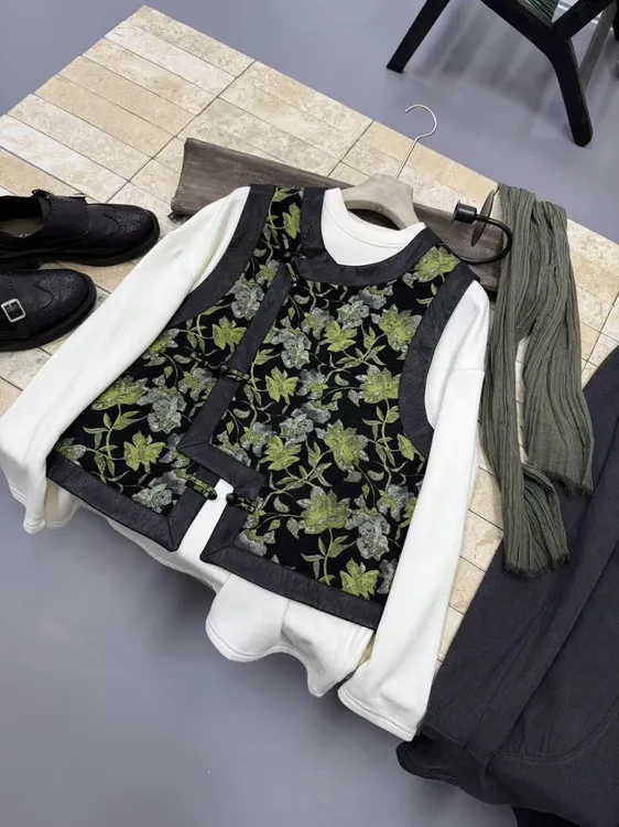 【慢慢】原创设计师款新中式马甲拼接款绿藤花秋款个性时尚街头风