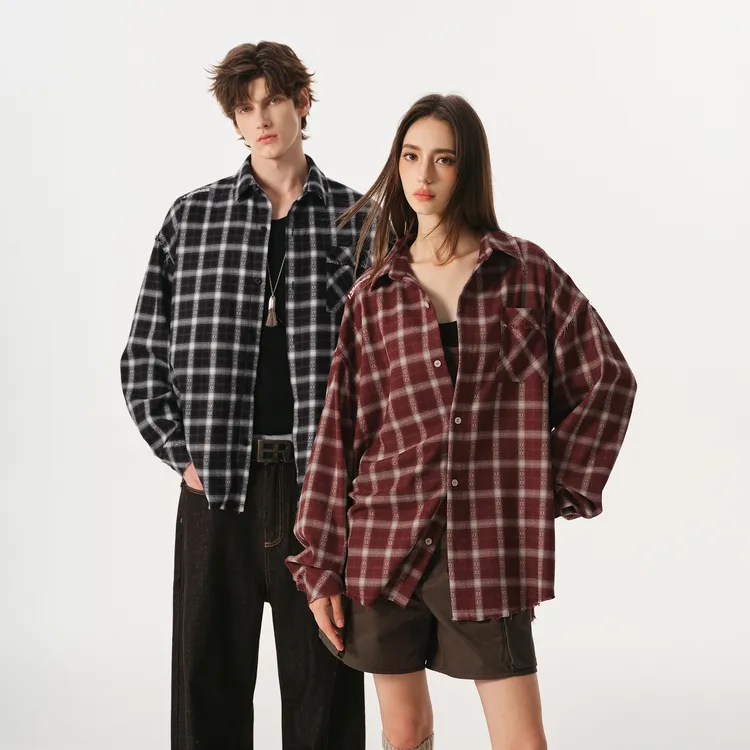 FORNINES刺绣格子长袖衬衫男女情侣上衣潮牌2026春季新款格纹外套
