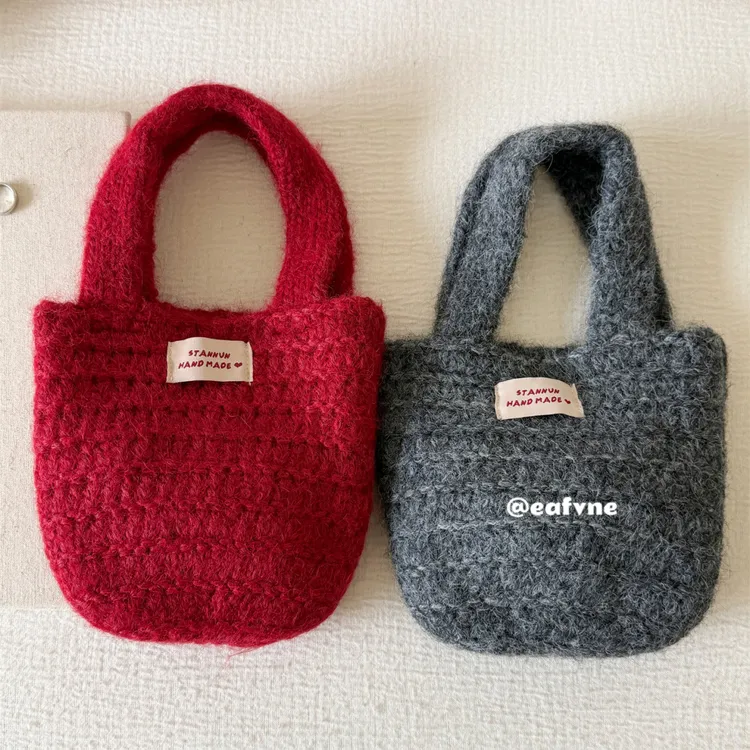 复古红出片手拎包水桶包简约百搭针织手提包包遛弯日常通勤托特包