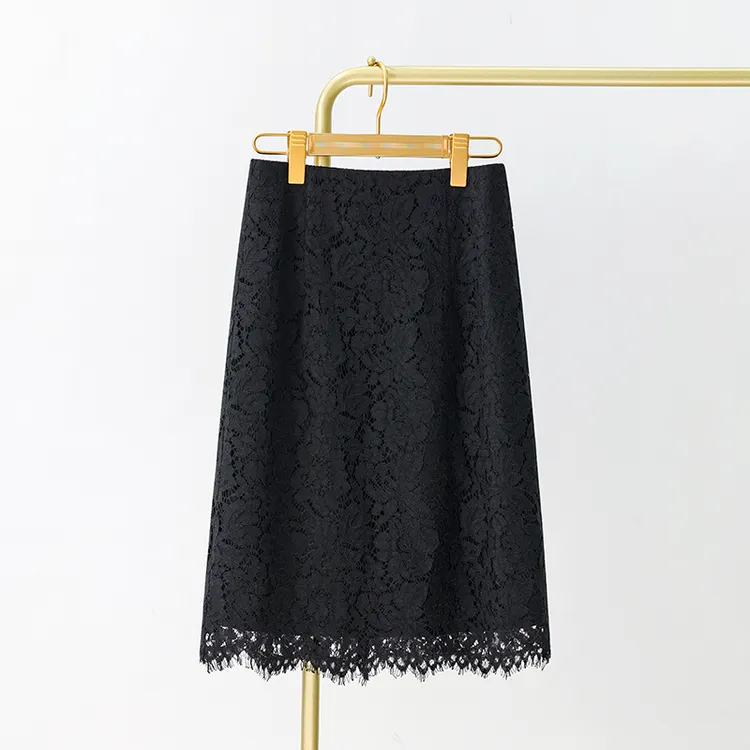 知性优雅黑色蕾丝a字裙半身裙小个子女夏季2025新款及膝中裙高腰