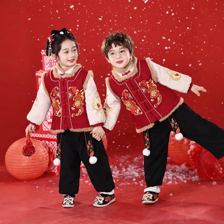 男童拜年服女童汉服过年服冬装儿童喜庆服宝宝周岁礼服套装男女宝