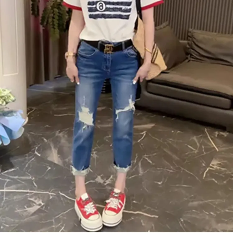 2025夏季薄款百搭裤子高腰弹力显瘦破洞牛仔裤女小个子九分烟管裤