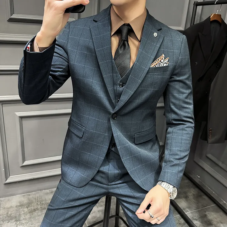 CATIA SELI高级感商务正装西服套装男士时尚格子休闲西装三件套
