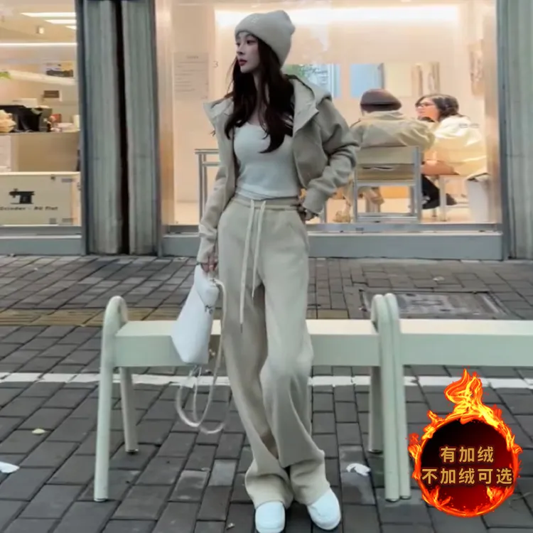 女秋冬冬季网红同款休闲运动套装女辣妹短款加绒外套阔腿裤两件套