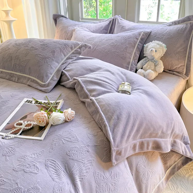 富安娜高端A类雕花绒四件套加厚双面绒被套床单牛奶绒婴儿绒床品4