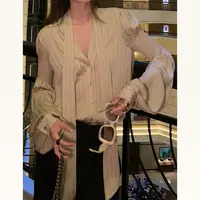 古金色V领衬衫女秋季新款丝带设计高级感时尚衬衣