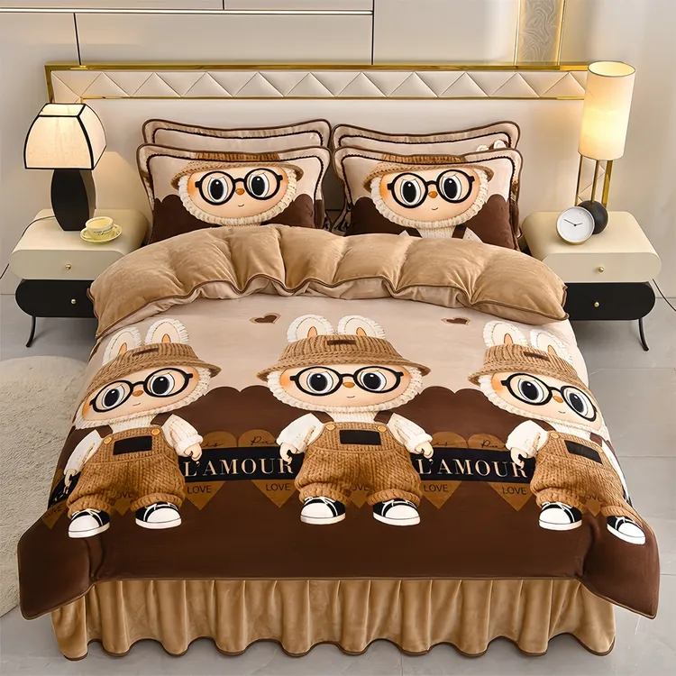 8-9斤高克重加厚保暖牛奶绒四件套双面绒加绒床裙款抗静电印花