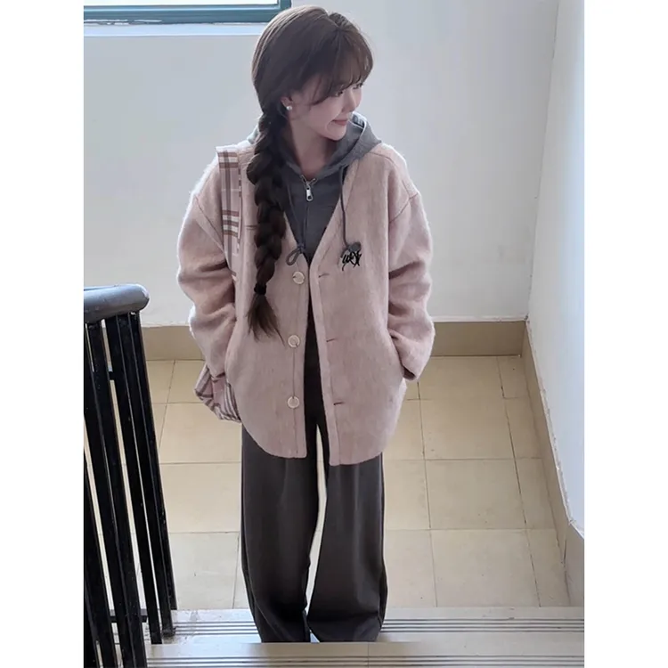 MARIE.COCO高级感粉色加厚毛呢外套长袖连帽卫衣女秋冬新款休闲裤