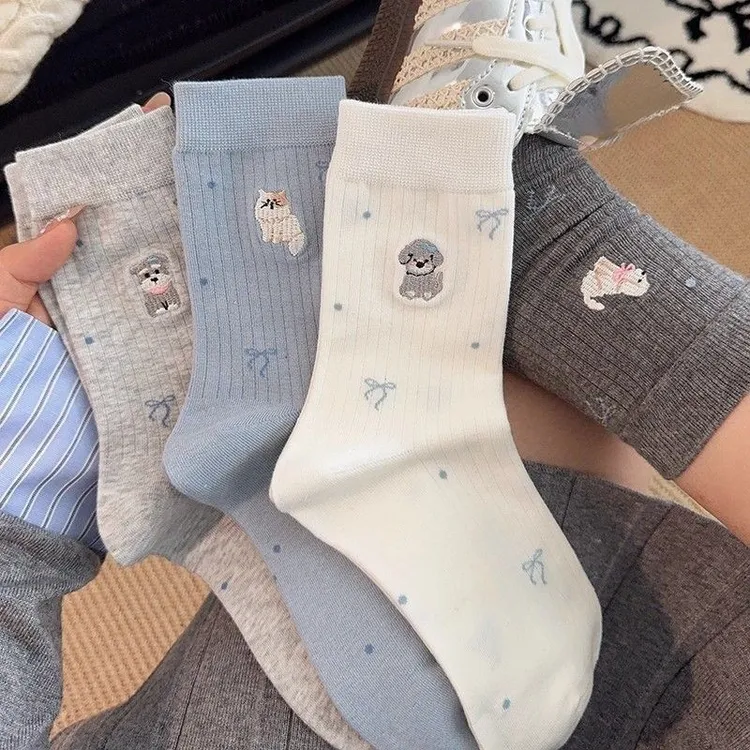 秋季中筒新款可爱袜ins甜美蝴蝶结秋夏季可爱小狗小猫刺绣袜jxv
