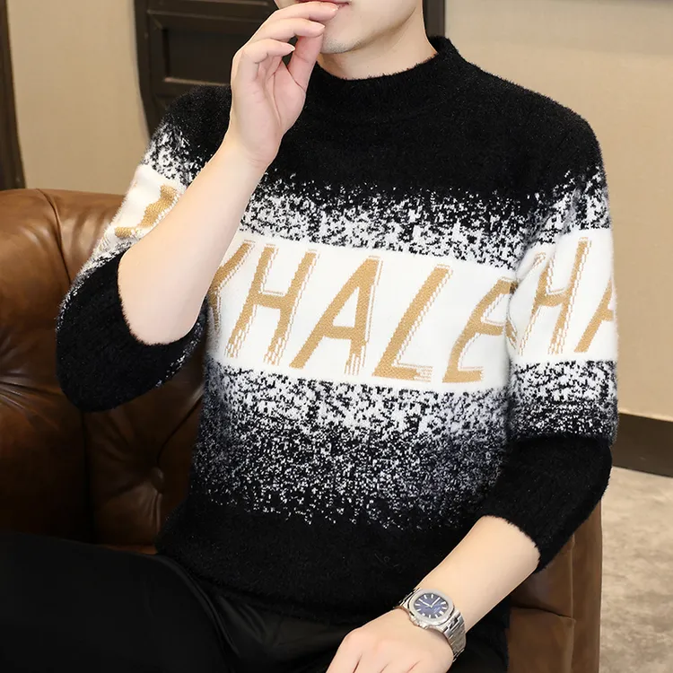 男士毛衣时尚秋冬新款半高领拼色针织衫潮流休闲保暖百搭打底上衣