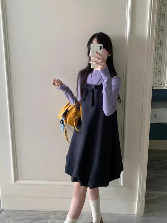 韩系甜美套装半高领针织打底衫女秋季蝴蝶结吊带花苞连衣裙两件套