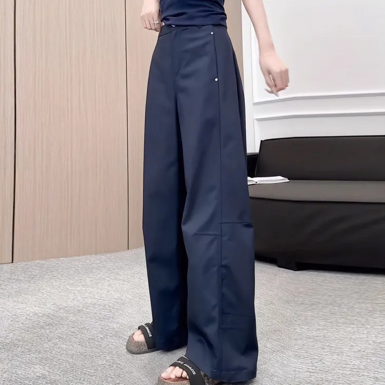 藏青色美式钉扣阔腿裤女秋冬大码胖mm简约百搭显瘦高腰休闲拖地裤