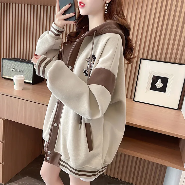 连帽开衫卫衣外套女中长款遮屁股韩版大码宽松减龄洋气棒球服上衣