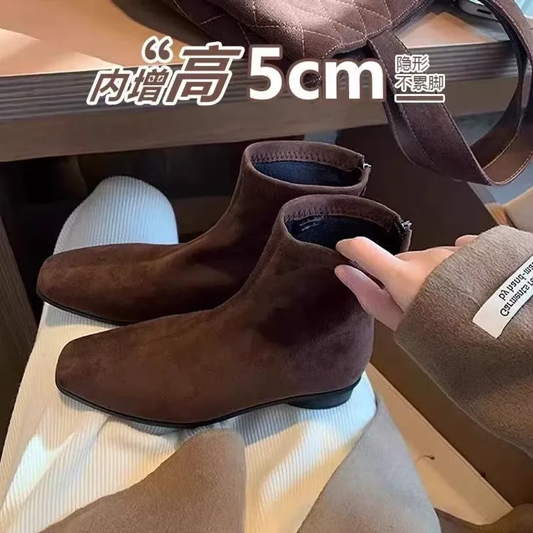 小个子内增高方头复古棕色绒面粗跟短靴黑色瘦瘦靴女切尔西马丁靴