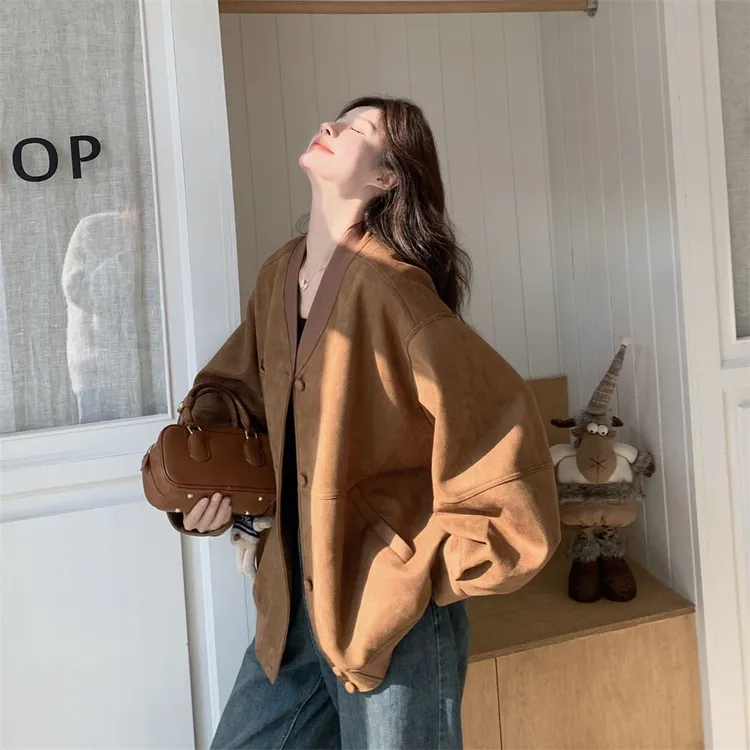 高级感麂皮绒棒球服外套女春秋2026新款美式复古慵懒风爆款上衣