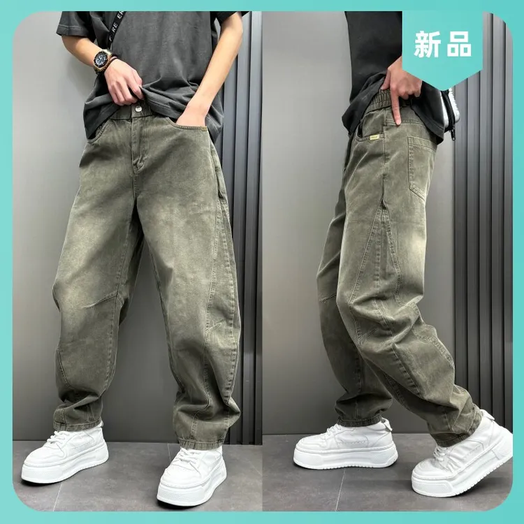 复古阔腿秋季弯刀牛仔水洗中腰美式2025纯色纽扣直筒裤子做旧男士