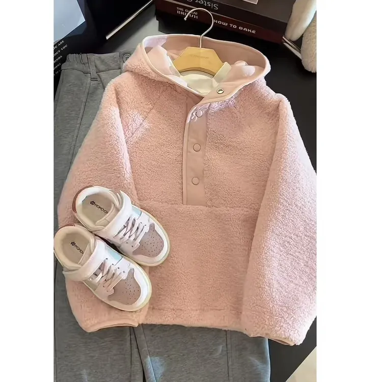 【粉色樱花】女童毛绒连帽加绒卫衣