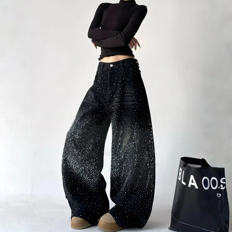 小凤家【满天星】烫钻加绒高腰显瘦宽松阔腿牛仔拖地裤