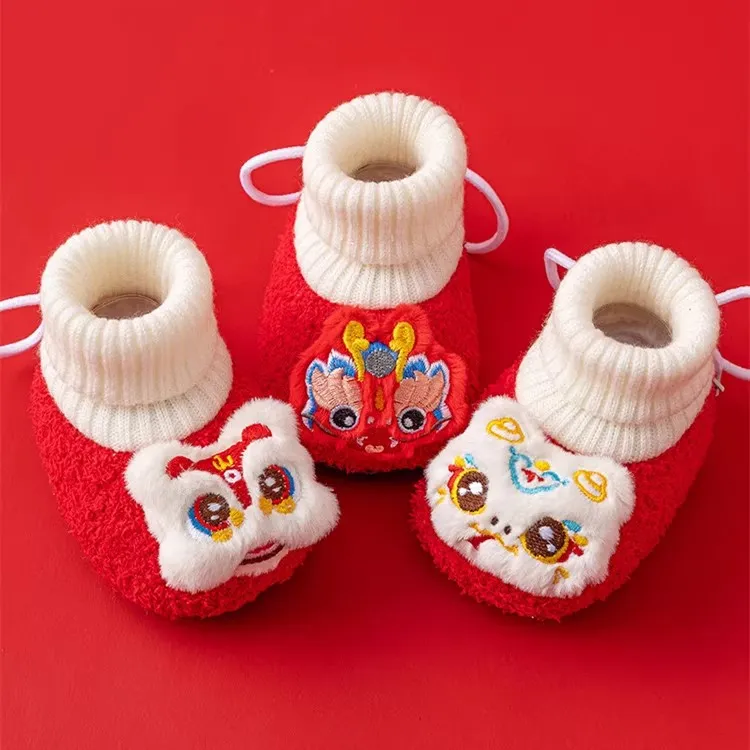 25年新款宝宝过新年虎头鞋袜冬季0-12月加厚加绒婴儿红色喜庆棉鞋