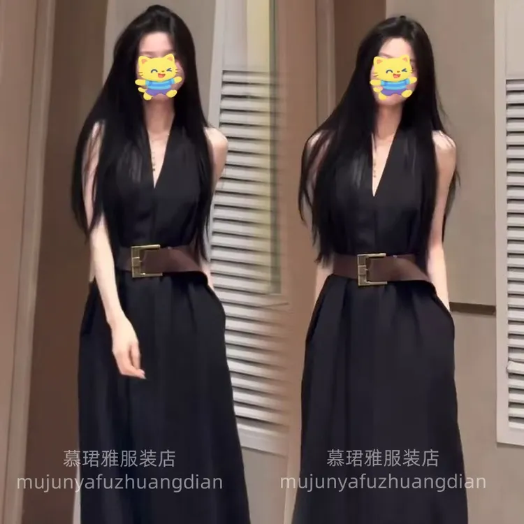 高级感新款2025年气质黑色挂脖无袖夏季显瘦中长款V领连衣裙长裙