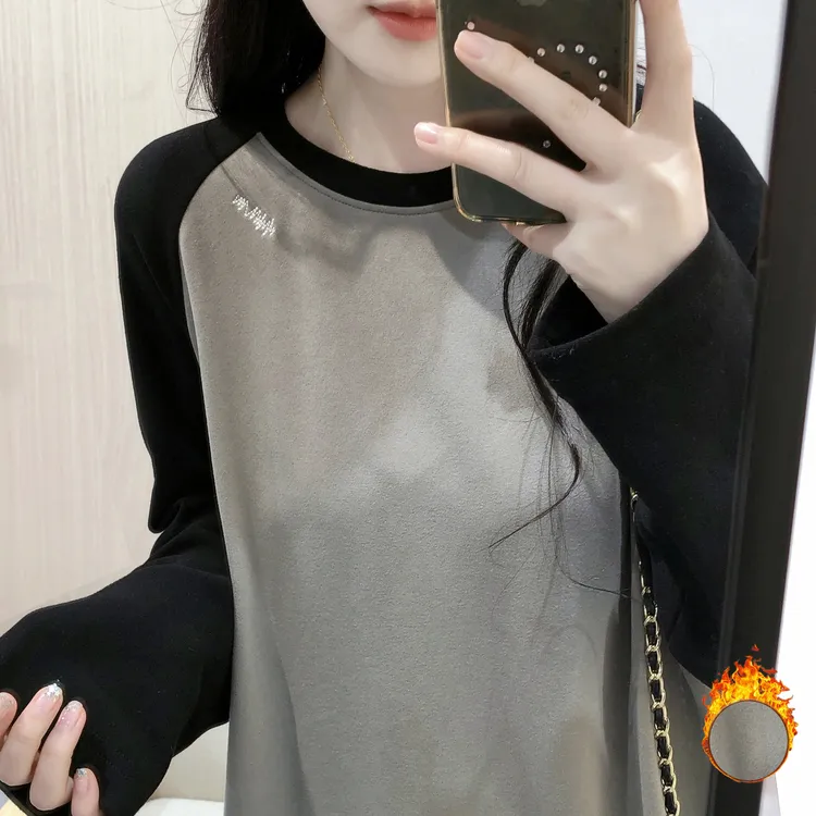 双面磨毛加厚T恤女秋冬撞色拼接韩版宽松刺绣长袖圆领打底衫上衣