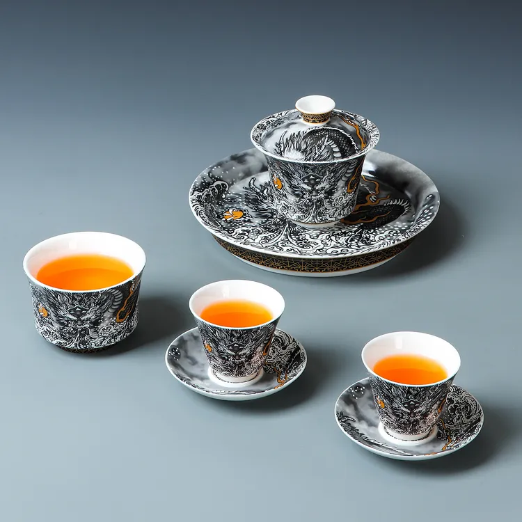 羊脂玉瓷墨龙功夫茶具套装可悬停旋转三才盖碗公司活动开业伴手礼