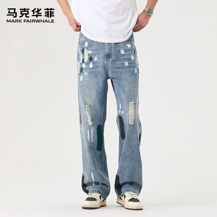 马克华菲冬季复古美式弹力直筒牛仔裤破洞潮流水洗休闲宽松阔腿裤商品图