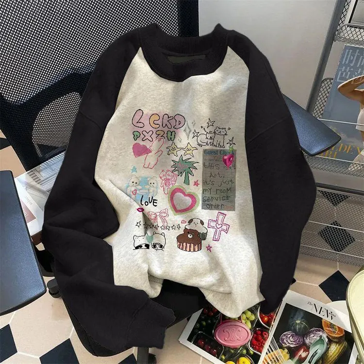加大码300斤韩系卡通学院风拼色插肩袖卫衣男女秋冬新款宽松上衣