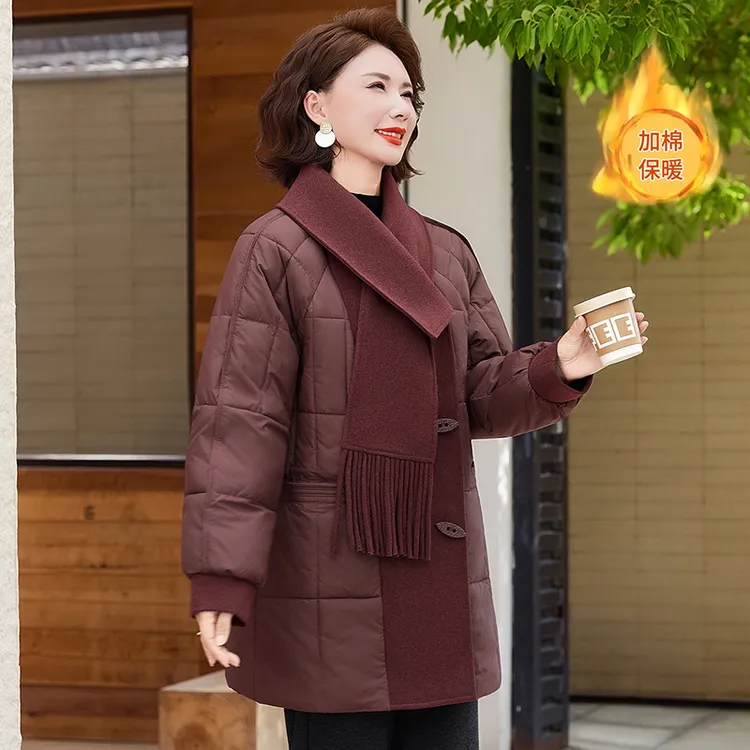 时尚中长款冬季妈妈装外套2025新款围巾领气质保暖棉衣中老年棉服