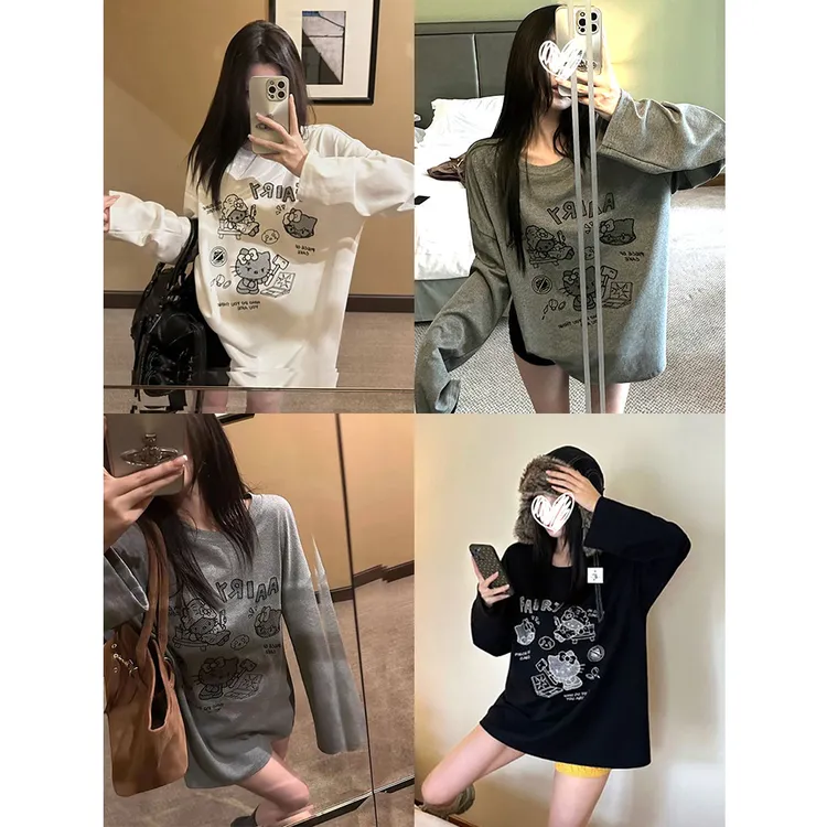 复古美式慵懒风宽松大版kt印花长袖T恤女秋季新款显瘦圆领ins上衣