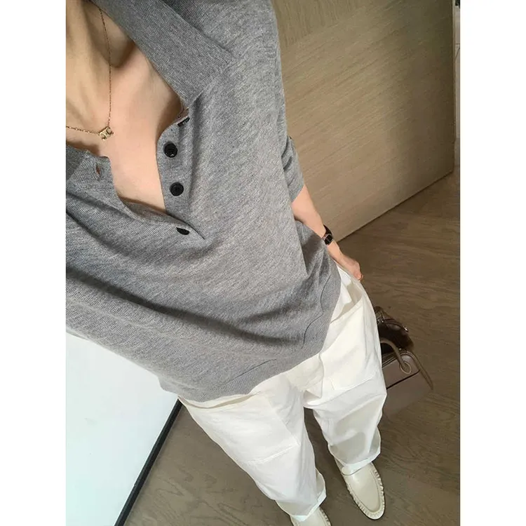 法式灰色polo领长袖针织衫女早秋薄款内搭毛衣秋季时尚打底上衣