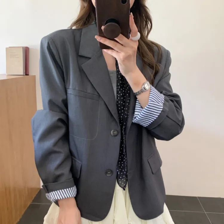 灰色正肩一粒扣韩系高级感气质休闲女士西装外套春秋款9190