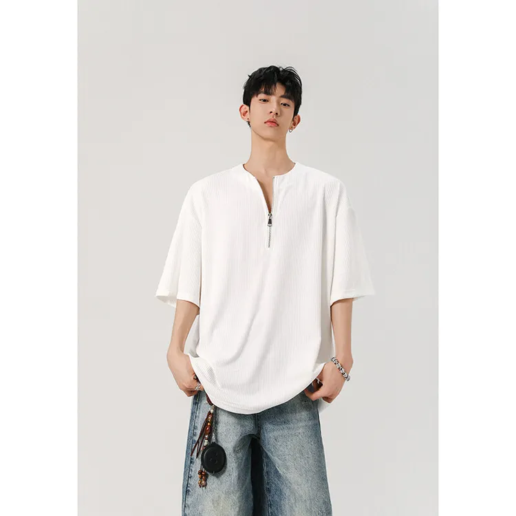 美式高街圆领痞帅短袖T恤男夏季半拉链polo衫宽松百搭内搭上衣服