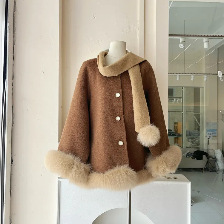 LHTE青青大码女装 板栗棕双面呢高级感气质狐狸毛大衣外套A6364